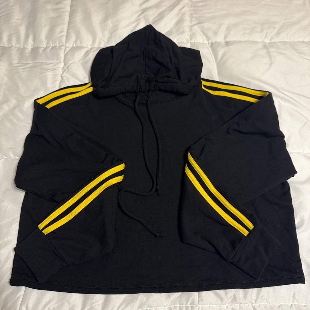 Black Crop top Hoodie with Yellow Stripes